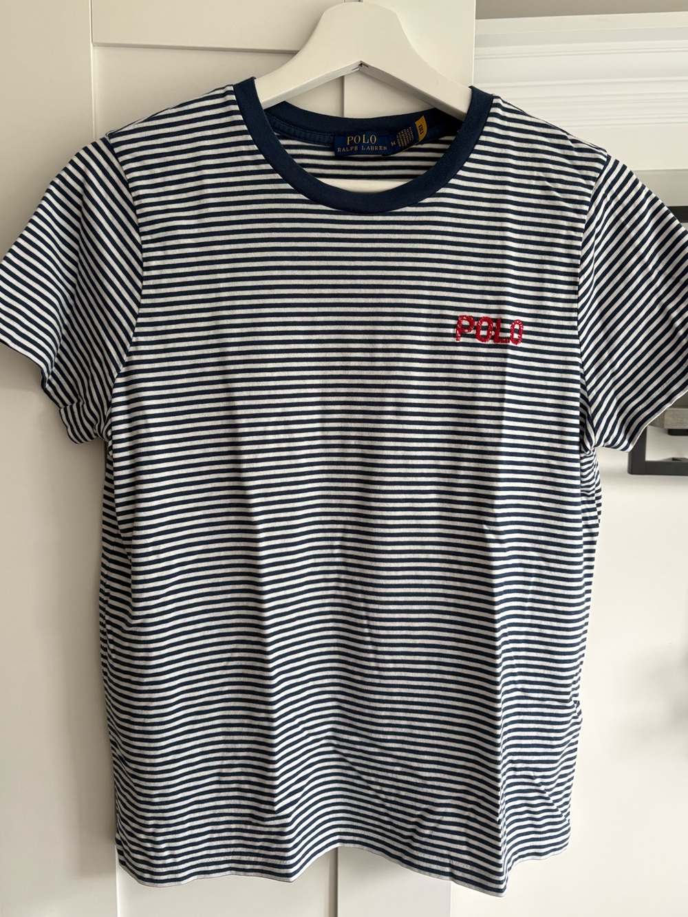 Polo by Ralph Lauren Navy & White Striped Crew Neck Tee with Red Logo